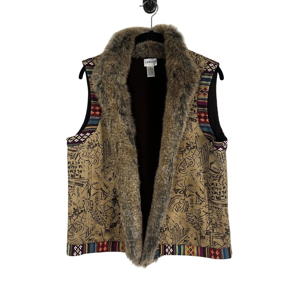 Chicos Faux Fur Tribal Vest L Boho Indie Festival Primitive Rodeo Western Artsy